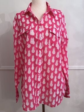 Talbots Pink Pineapple Print Cotton Button Down Shirt NWT Sz S